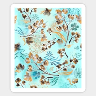 Hand-painted watercolor loose floral boho chintz in gold, blue, brown and turquoise as a seamless surface pattern design Sticker